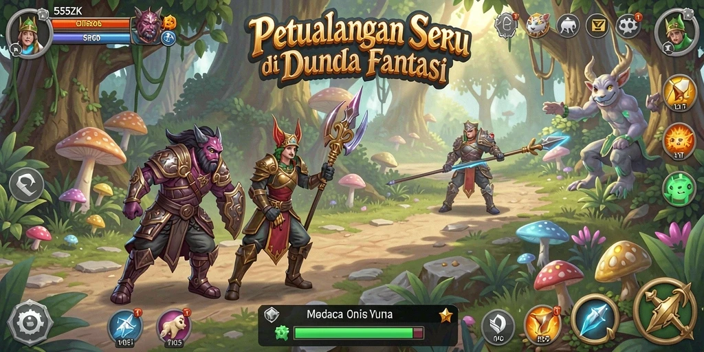 Screenshot gameplay 555ZK yang menampilkan karakter menjelajahi dunia fantasi.