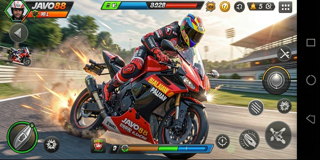 Tampilan gameplay balapan motor yang mendebarkan di JAVO88.