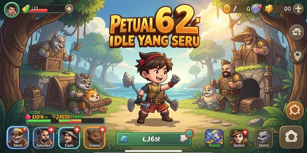 Screenshot gameplay JJ62 yang menampilkan karakter dan upgrade.
