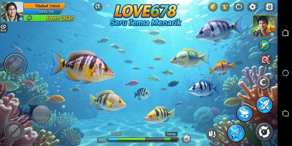 Screenshot menampilkan gameplay seru di LOVE678, saat menembak ikan.