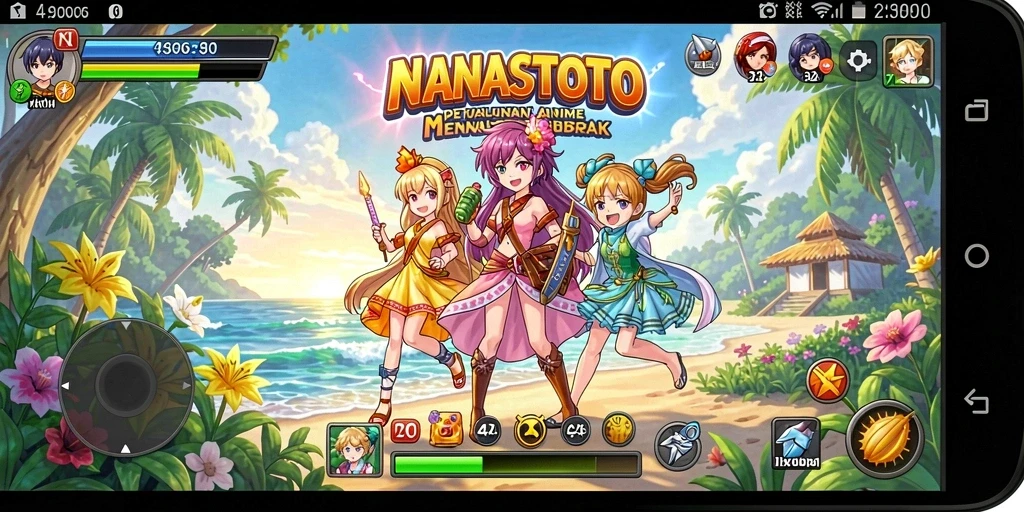 Tampilan gameplay NANASTOTO yang penuh warna dan karakter menarik.