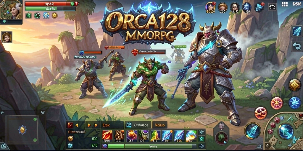 Tampilan dinamis gameplay ORCA128 dalam dunia MMORPG yang luas.