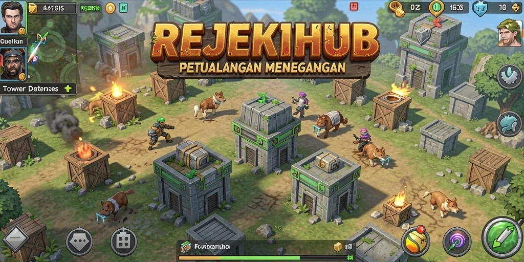 Gameplay seru REJEKIHUB dalam pertempuran Tower Defense.