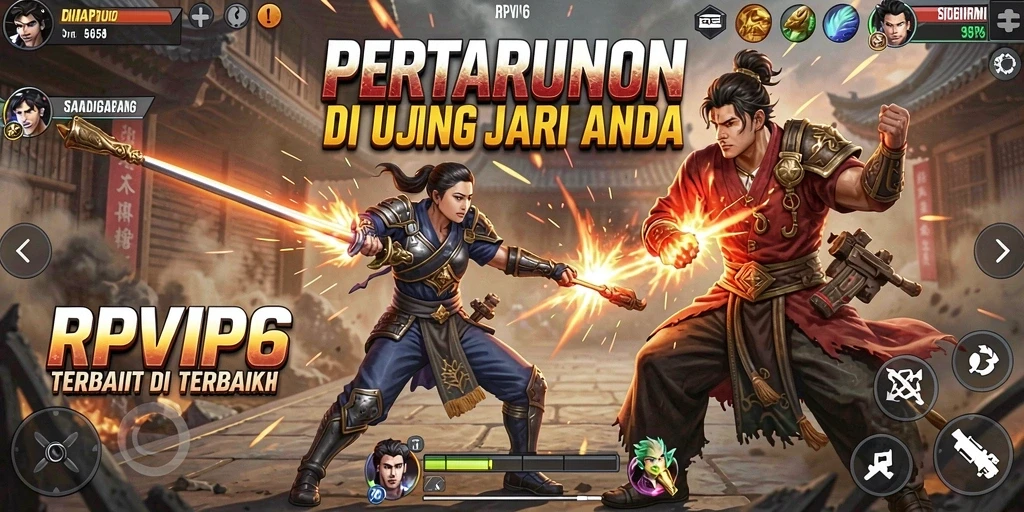 Screenshot gameplay RPVIP6 menampilkan pertarungan epik antar karakter.