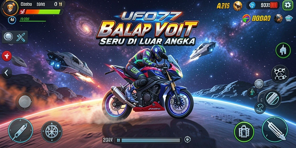 Tampilan gameplay menakjubkan dari UFO77 saat balapan di luar angkasa.