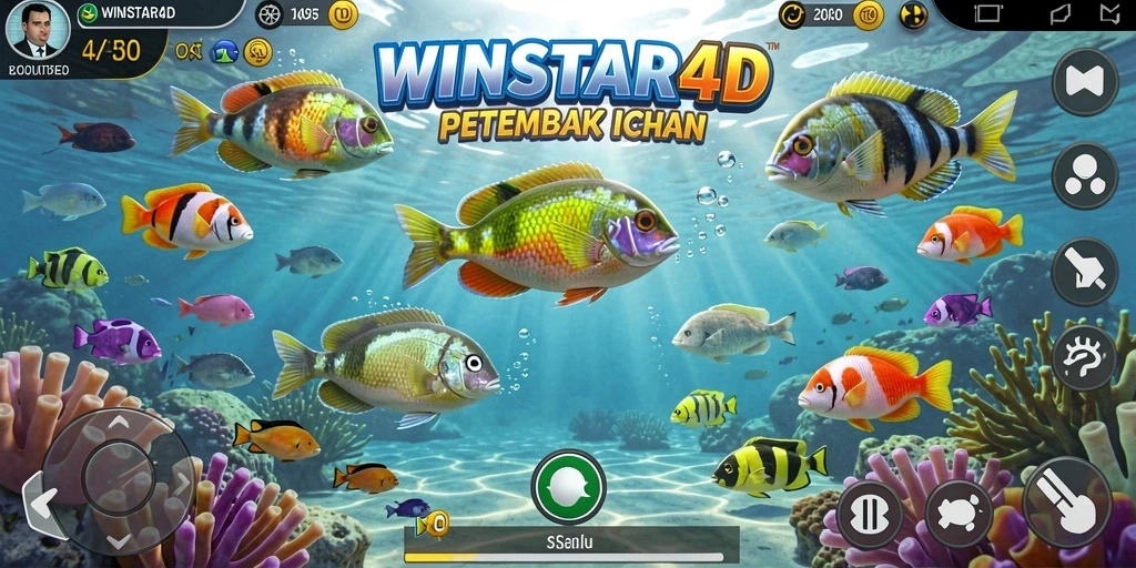 Tampilan gameplay WINSTAR4D dengan ikan berwarna-warni dan aksi menembak yang seru.